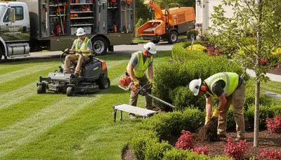 Lancaster, PA landscaping crew maintaining a residential yard for Arbor Tree Care