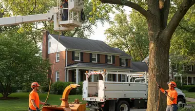 Tree service crew removing a tree in Lancaster, PA for safe residential property clearing