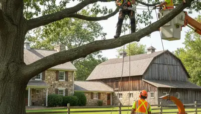Tree service crew in Lancaster, PA removing a tree for safe residential property cleanup