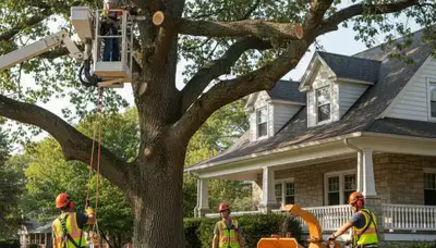 Tree service crew in Lancaster, PA removing a tree for safe residential property clearance