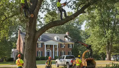 Tree service crew removing a tree in Lancaster, PA for safe residential property cleanup