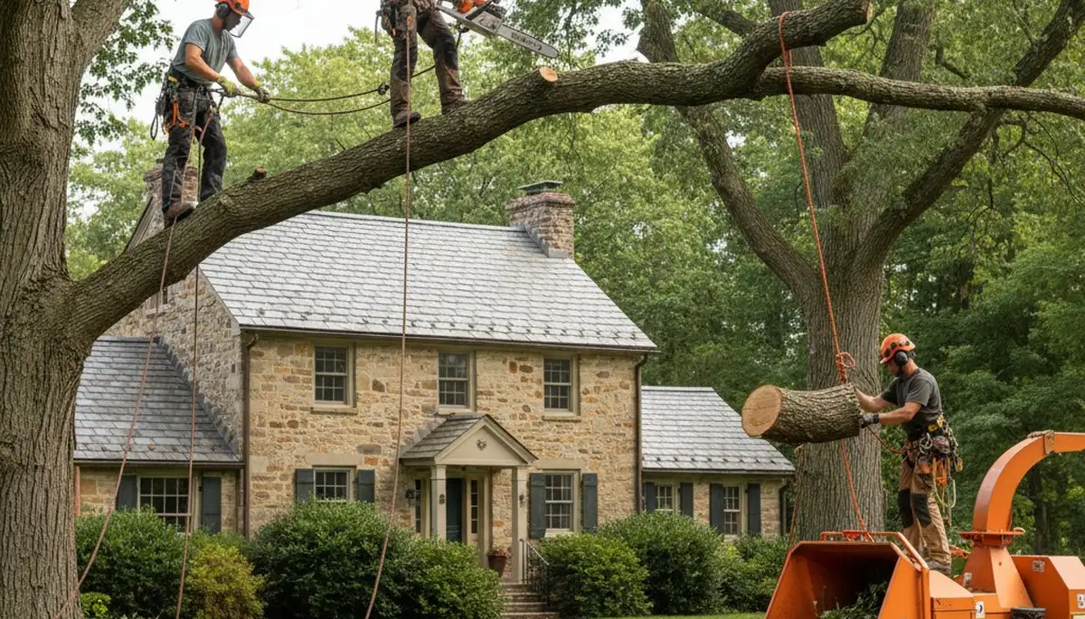 Lancaster, PA tree service crew removing a large tree for safe residential property clearance