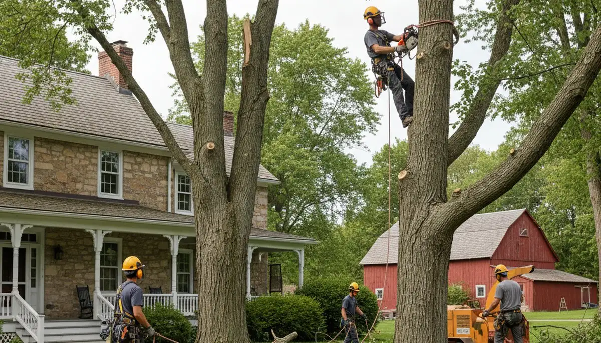 Tree service crew in Lancaster, PA removing a tree for safe residential property care