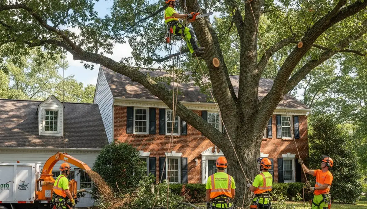Tree service crew removing a tree in Lancaster, PA for safe residential property care