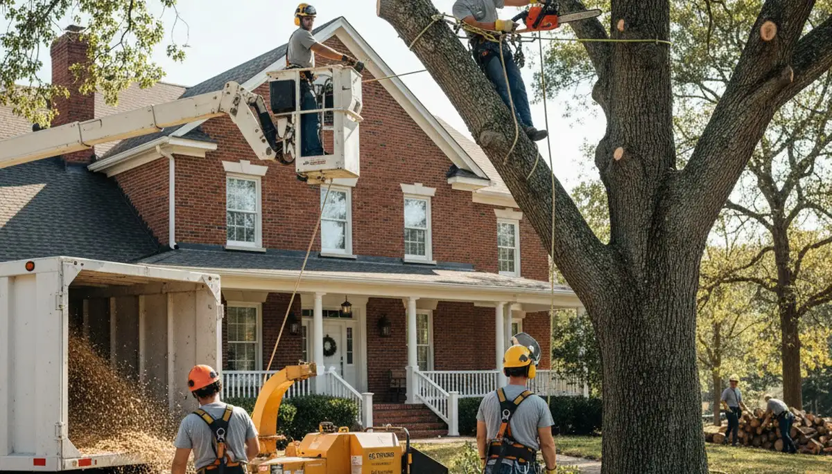 Tree service crew removing a tree in Lancaster, PA for safe property cleanup