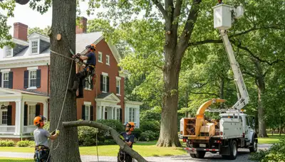 Tree service crew removing a tree in Lancaster, PA for safe residential property care