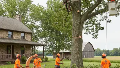 Tree service crew in Lancaster, PA removing a hazardous tree for a residential property