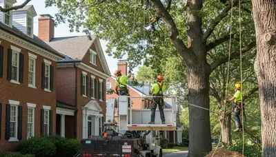 Tree service crew in Lancaster, PA removing a tree for safe residential property care